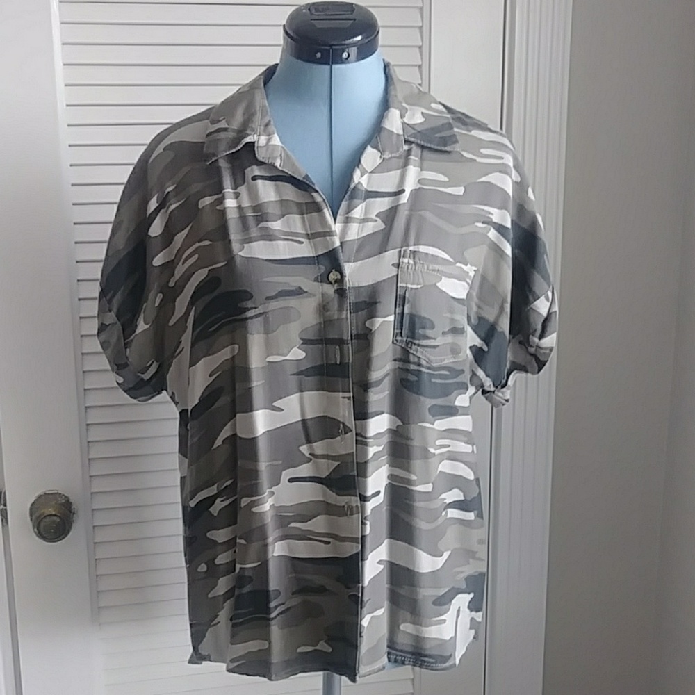 Camo button down top